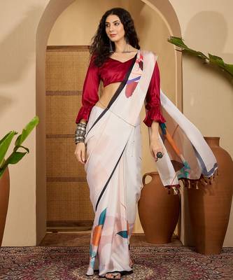 off white satin georgette printed saree with unstitched blouse 2