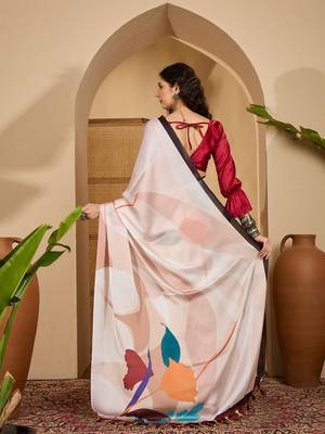 off white satin georgette printed saree with unstitched blouse 3
