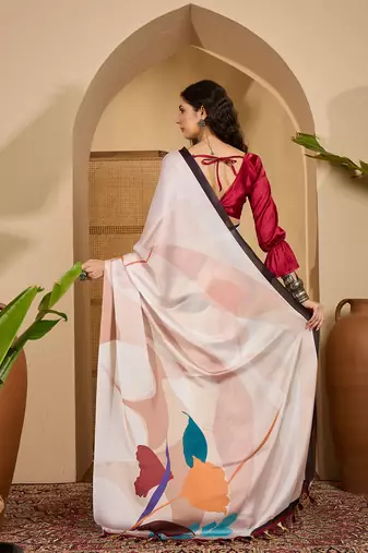 off white satin georgette printed saree with unstitched blouse