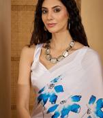 white satin georgette printed saree with unstitched blouse