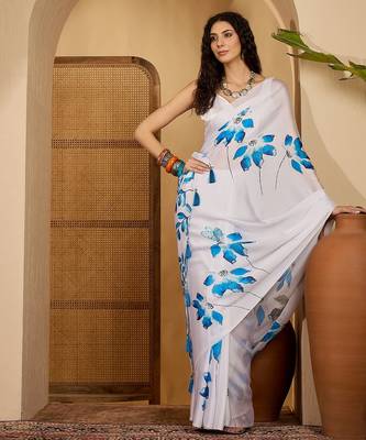 white satin georgette printed saree with unstitched blouse 2