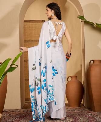 white satin georgette printed saree with unstitched blouse 3
