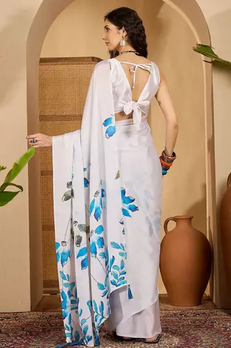 white satin georgette printed saree with unstitched blouse