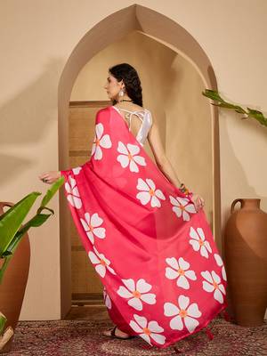 pink satin georgette printed saree with unstitched blouse 3