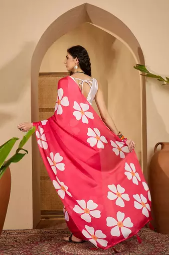 pink satin georgette printed saree with unstitched blouse