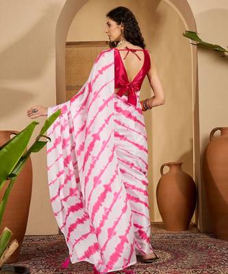 white satin georgette printed saree with unstitched blouse 3