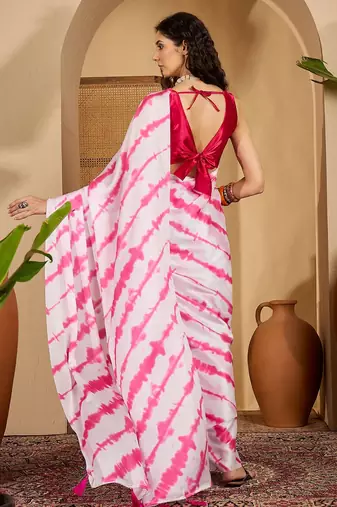white satin georgette printed saree with unstitched blouse