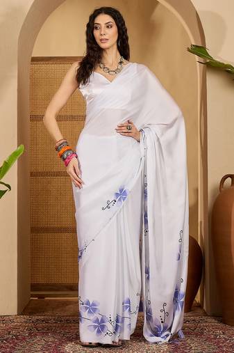 white satin georgette printed saree with unstitched blouse