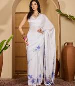 white satin georgette printed saree with unstitched blouse