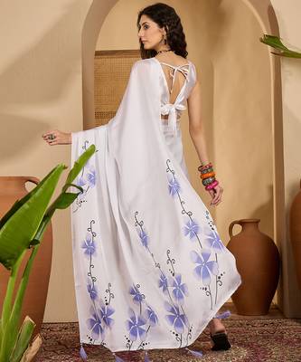 white satin georgette printed saree with unstitched blouse 3