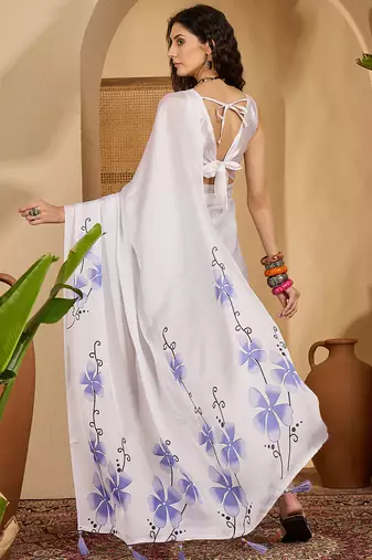 white satin georgette printed saree with unstitched blouse