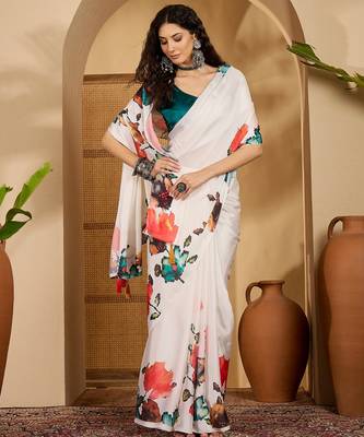 white satin georgette printed saree with unstitched blouse 1