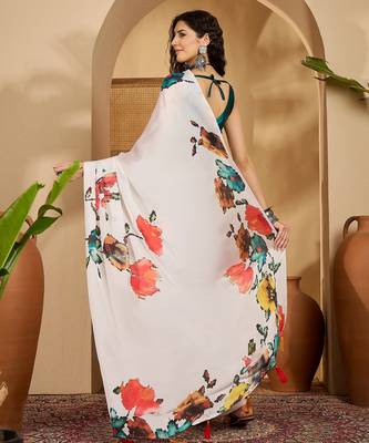 white satin georgette printed saree with unstitched blouse 3