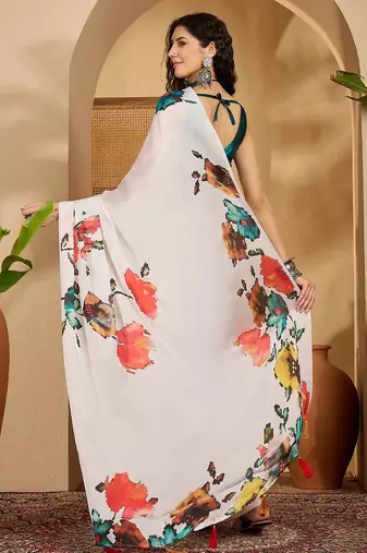 white satin georgette printed saree with unstitched blouse