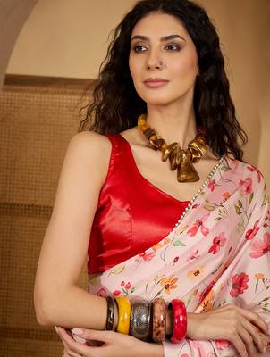 peach satin georgette printed saree with unstitched blouse 2