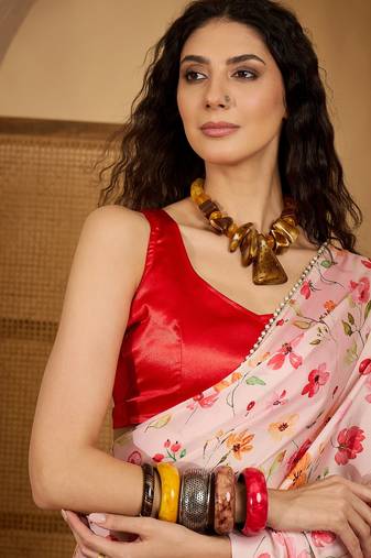 peach satin georgette printed saree with unstitched blouse