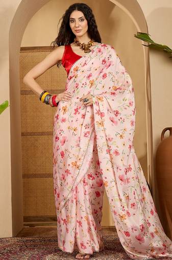 peach satin georgette printed saree with unstitched blouse