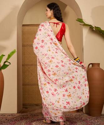 peach satin georgette printed saree with unstitched blouse 3
