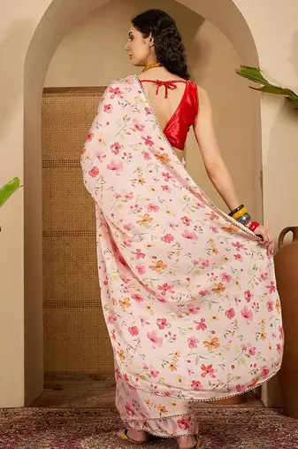 peach satin georgette printed saree with unstitched blouse