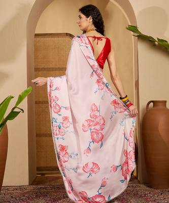 pink satin georgette printed saree with unstitched blouse 3