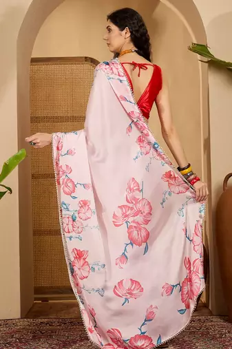 pink satin georgette printed saree with unstitched blouse