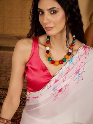 white satin georgette printed saree with unstitched blouse 1