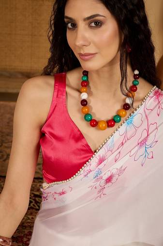 white satin georgette printed saree with unstitched blouse