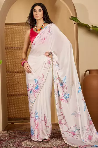 white satin georgette printed saree with unstitched blouse