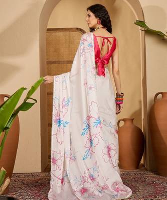 white satin georgette printed saree with unstitched blouse 3