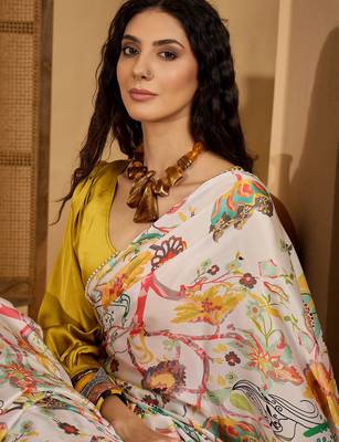 white satin georgette printed saree with unstitched blouse 1