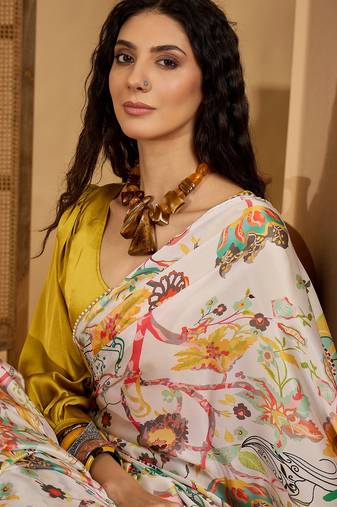 white satin georgette printed saree with unstitched blouse