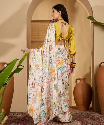 white satin georgette printed saree with unstitched blouse 3