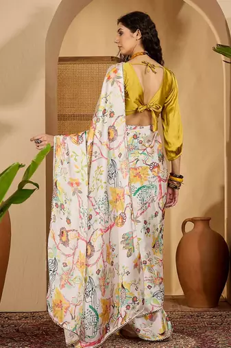 white satin georgette printed saree with unstitched blouse