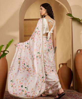 off white satin georgette printed saree with unstitched blouse 3