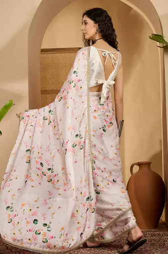off white satin georgette printed saree with unstitched blouse