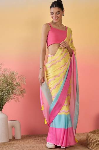 multi satin georgette printed saree with unstitched blouse
