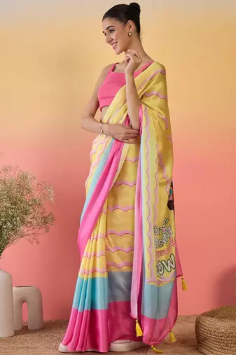 multi satin georgette printed saree with unstitched blouse