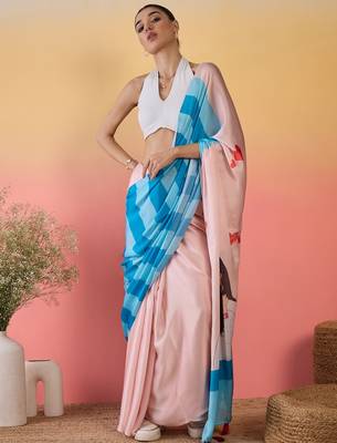 peach satin georgette printed saree with unstitched blouse 1