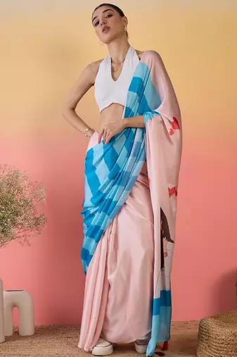 peach satin georgette printed saree with unstitched blouse