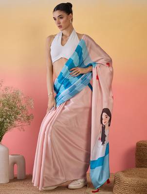 peach satin georgette printed saree with unstitched blouse 2