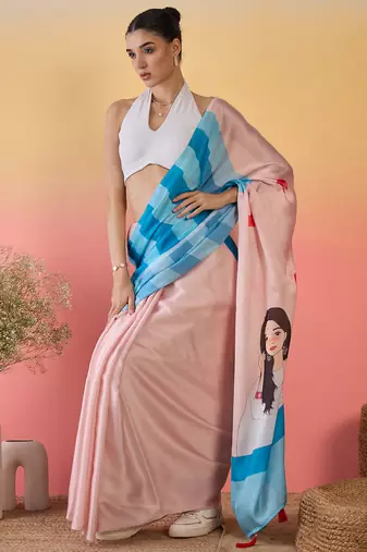peach satin georgette printed saree with unstitched blouse
