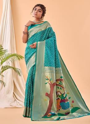 Rama Green Bandhani Weaving Saree With Paithani Pallu   4