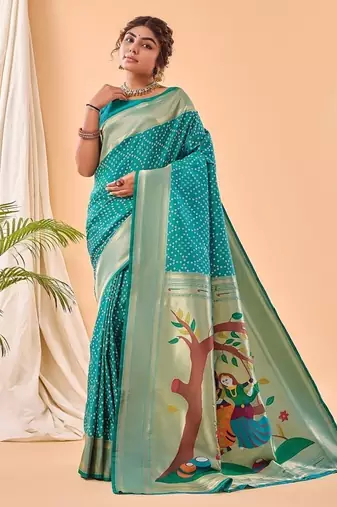 Rama Green Bandhani Weaving Saree With Paithani Pallu  