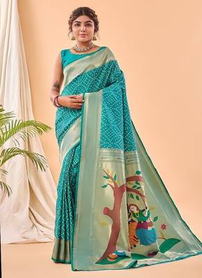 Rama Green Bandhani Weaving Saree With Paithani Pallu   5