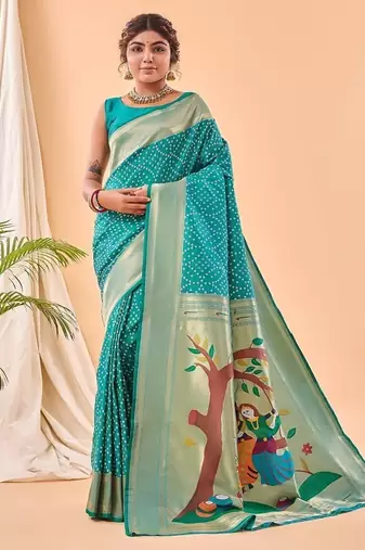 Rama Green Bandhani Weaving Saree With Paithani Pallu  