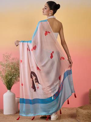 peach satin georgette printed saree with unstitched blouse 3