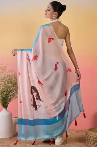peach satin georgette printed saree with unstitched blouse