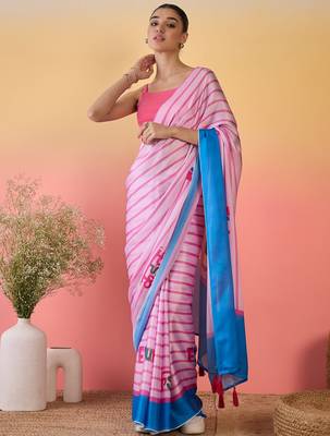 pink satin georgette printed saree with unstitched blouse 1