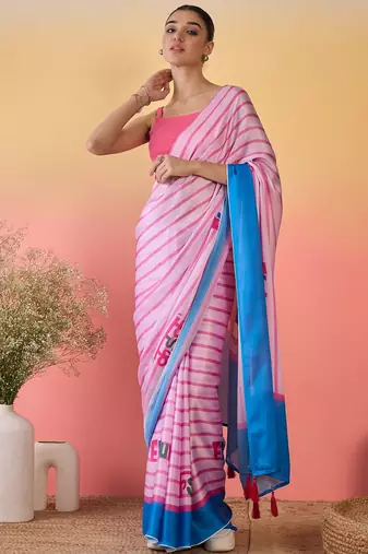 pink satin georgette printed saree with unstitched blouse