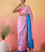 pink satin georgette printed saree with unstitched blouse